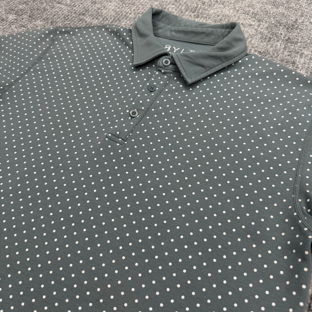BYLT Lux Drop Cut Polo Shirt Mens Medium Charcoal Green Polka Dot Premium Basics